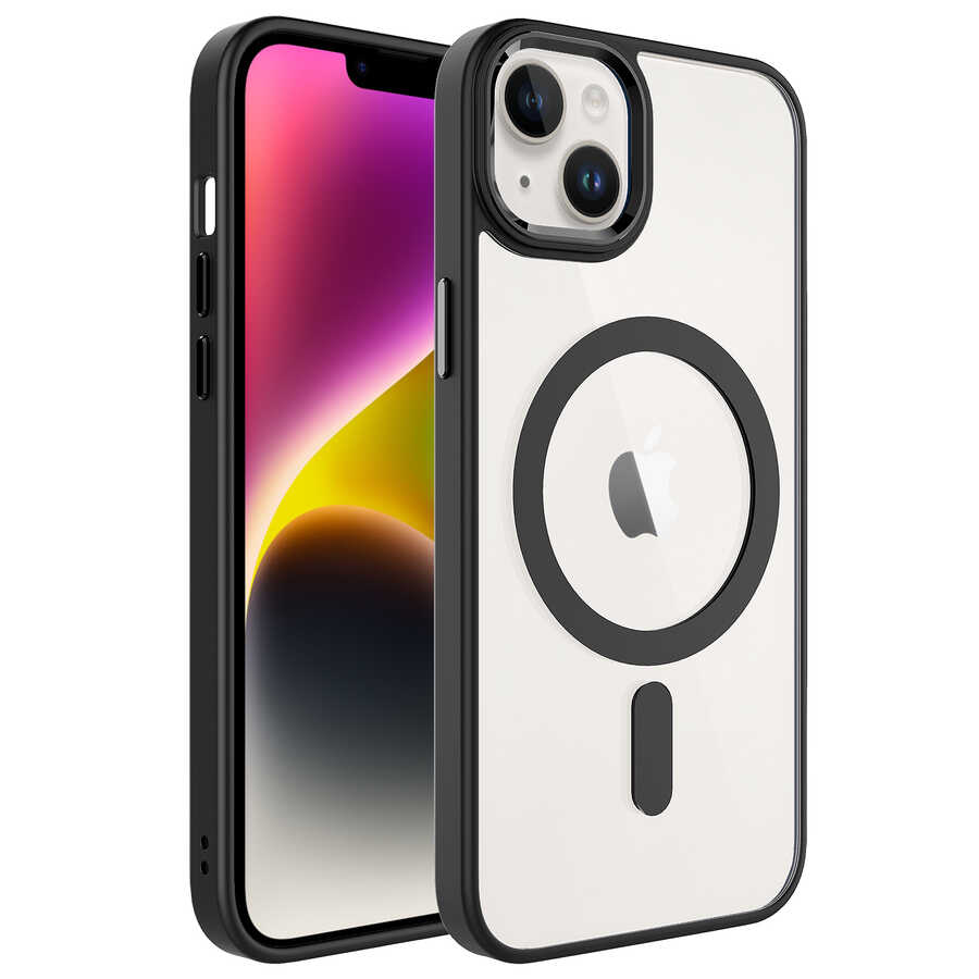 iPhone Uyumlu 14 Plus Kılıf Wireless Şarj Özellikli Zore Krom M-safe Silikon Kapak-Siyah