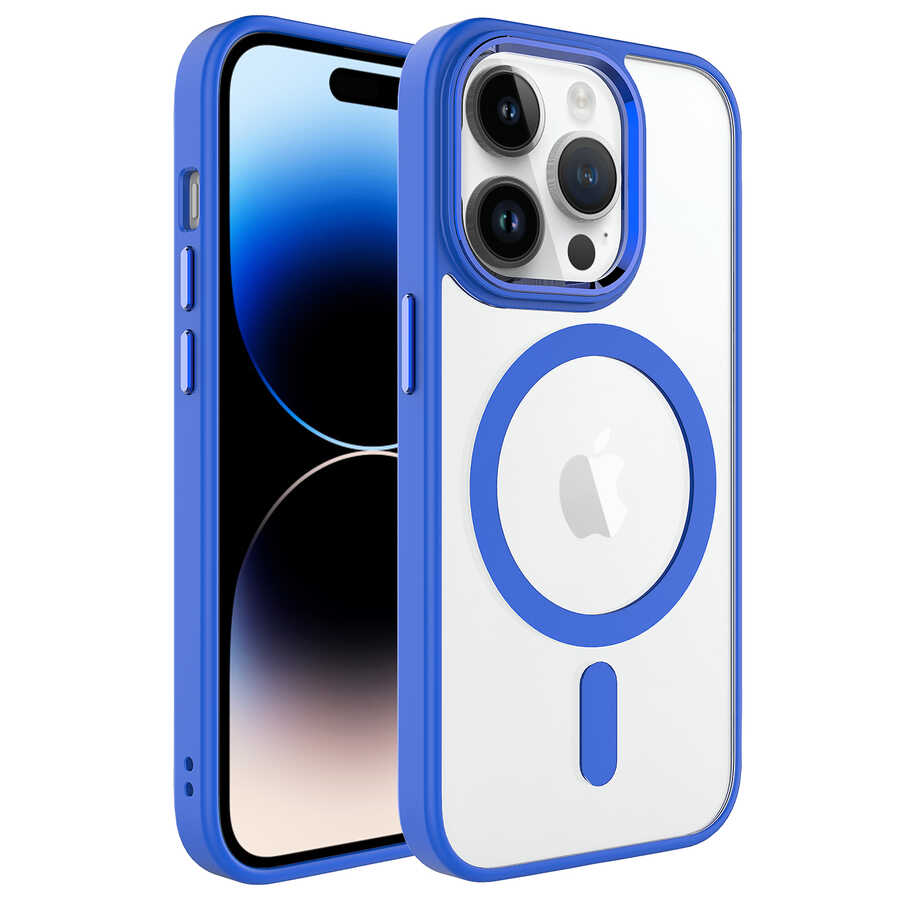 iPhone Uyumlu 14 Pro Max Kılıf Wireless Şarj Özellikli Zore Krom M-safe Silikon Kapak-Mavi