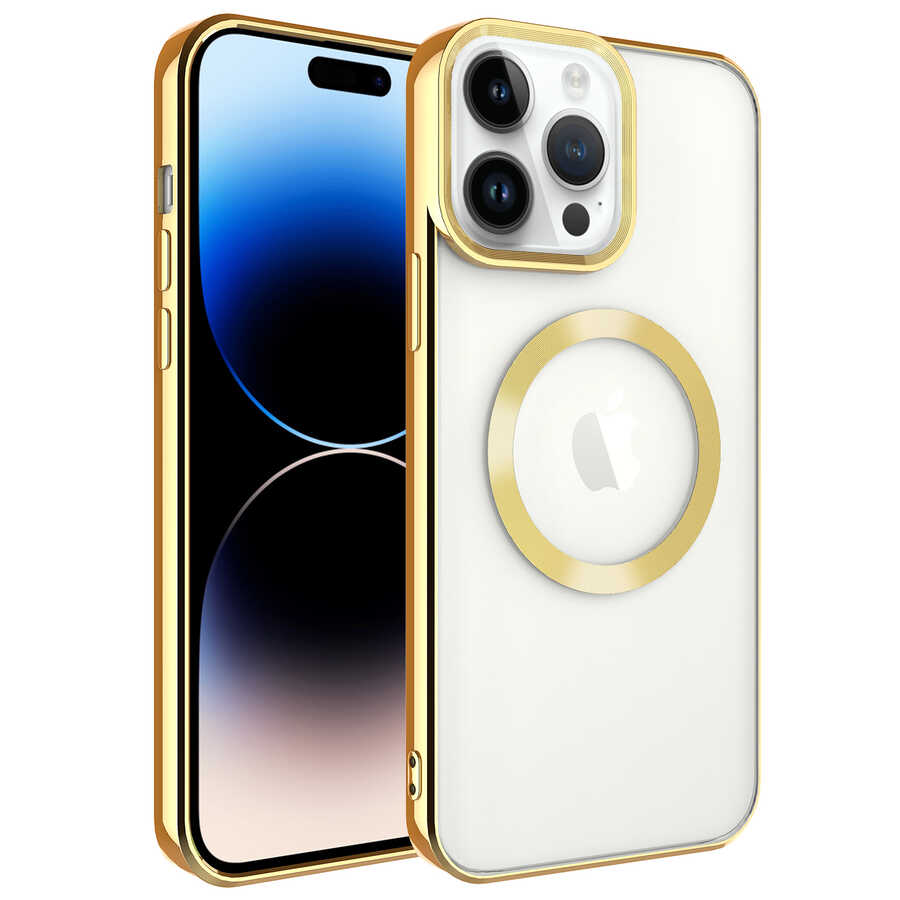 iPhone Uyumlu 14 Pro Kılıf M-safe Wireless Şarj Özellikli Zore Setro Silikon-Gold
