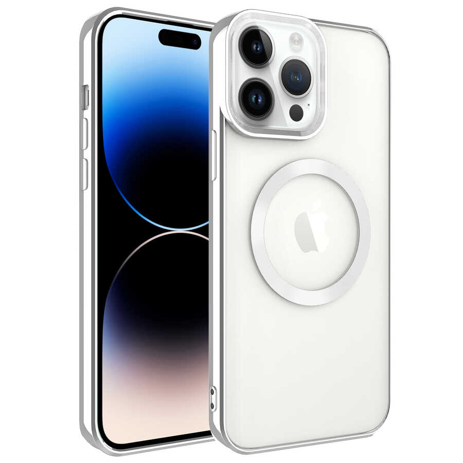 iPhone Uyumlu 14 Pro Max Kılıf M-safe Wireless Şarj Özellikli Zore Setro Silikon-Gümüş