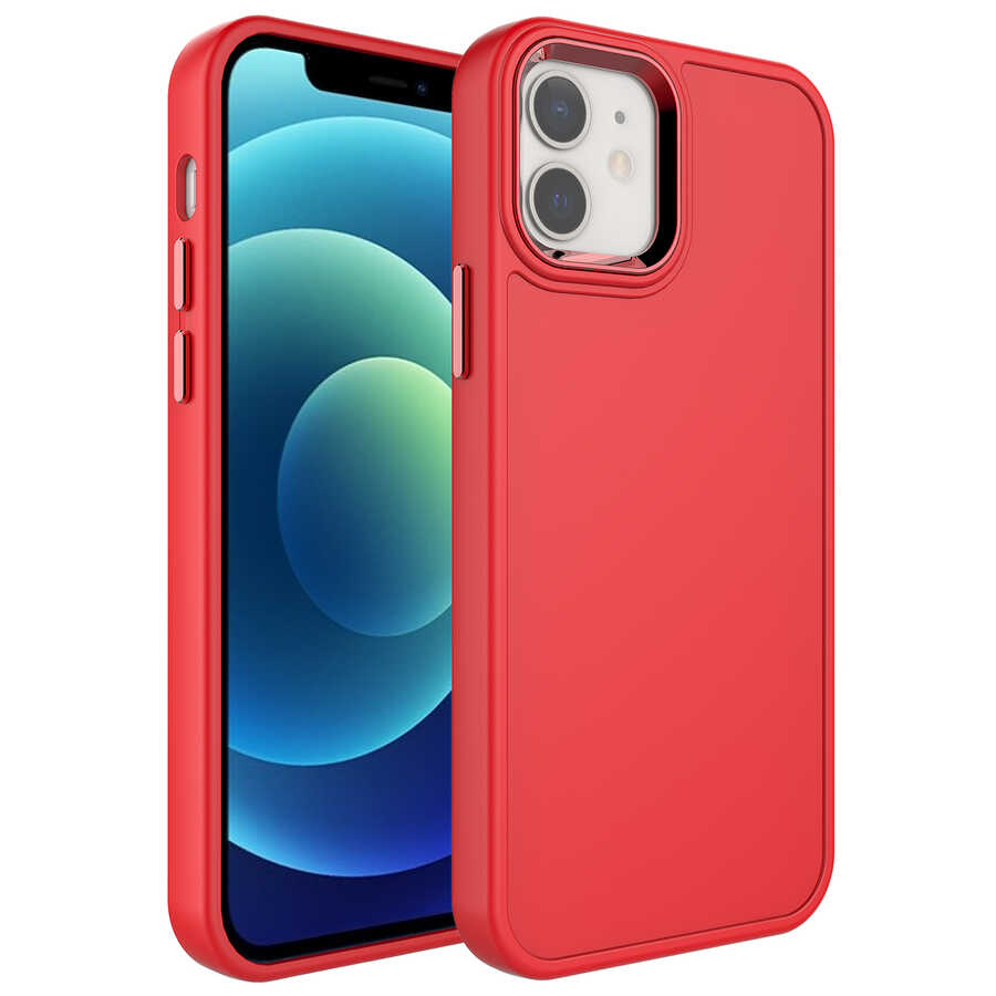 iPhone Uyumlu 11 Kılıf Metal Çerçeve ve Buton Tasarımlı Sert Zore Botox Kapak-Kırmızı