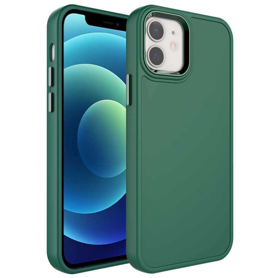 iPhone Uyumlu 11 Kılıf Metal Çerçeve ve Buton Tasarımlı Sert Zore Botox Kapak-Koyu yeşil