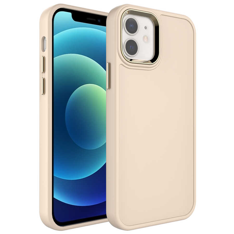 iPhone Uyumlu 11 Kılıf Metal Çerçeve ve Buton Tasarımlı Sert Zore Botox Kapak-Krem