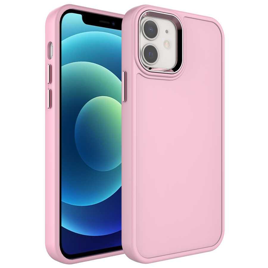 iPhone Uyumlu 11 Kılıf Metal Çerçeve ve Buton Tasarımlı Sert Zore Botox Kapak-Pembe açık