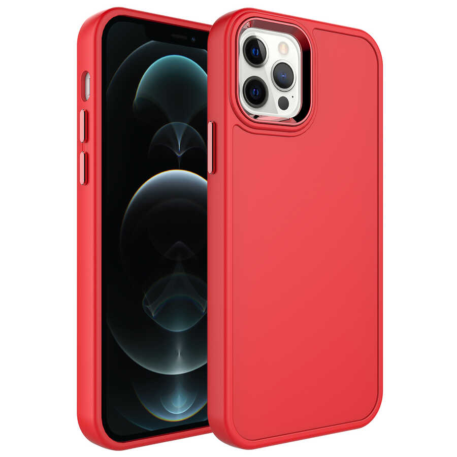 iPhone Uyumlu 12 Pro Kılıf Metal Çerçeve ve Buton Tasarımlı Sert Zore Botox Kapak-Kırmızı
