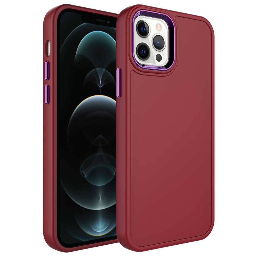 iPhone Uyumlu 12 Pro Kılıf Metal Çerçeve ve Buton Tasarımlı Sert Zore Botox Kapak-Koyu mor