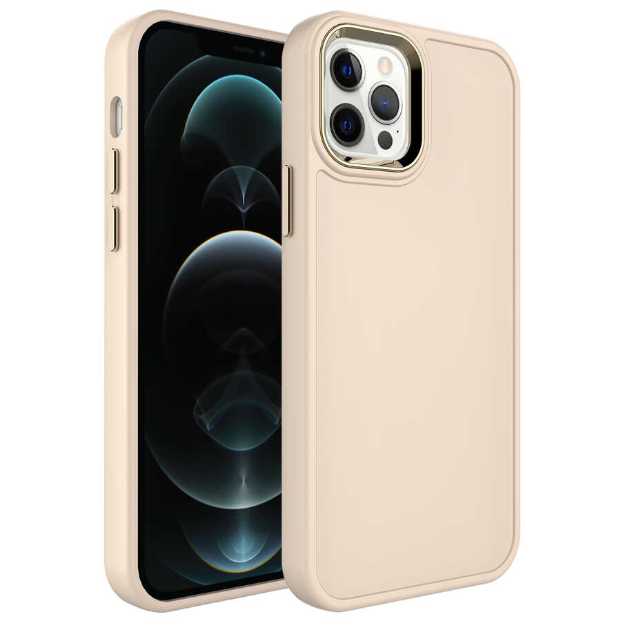 iPhone Uyumlu 12 Pro Kılıf Metal Çerçeve ve Buton Tasarımlı Sert Zore Botox Kapak-Krem