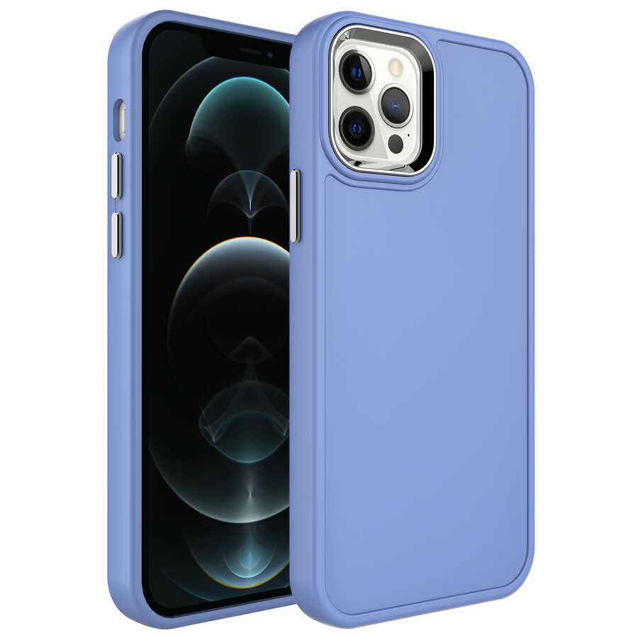 iPhone Uyumlu 12 Pro Kılıf Metal Çerçeve ve Buton Tasarımlı Sert Zore Botox Kapak-Lavendery gray