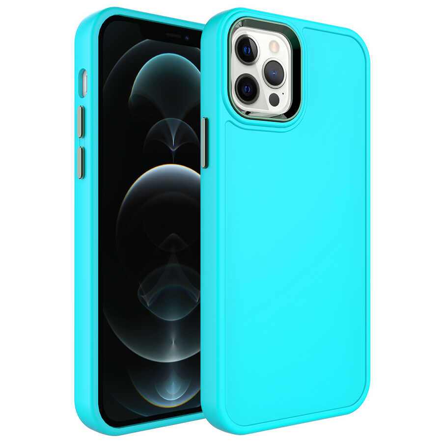 iPhone Uyumlu 12 Pro Kılıf Metal Çerçeve ve Buton Tasarımlı Sert Zore Botox Kapak-Turkuaz