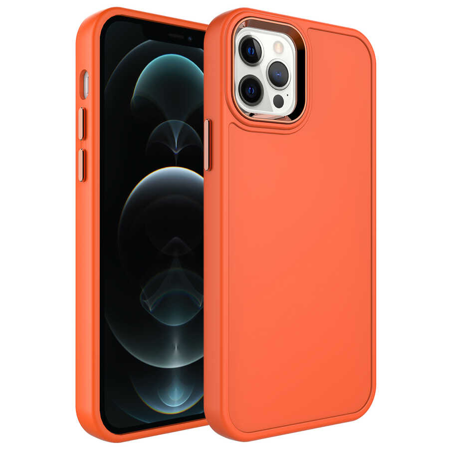 iPhone Uyumlu 12 Pro Kılıf Metal Çerçeve ve Buton Tasarımlı Sert Zore Botox Kapak-Turuncu