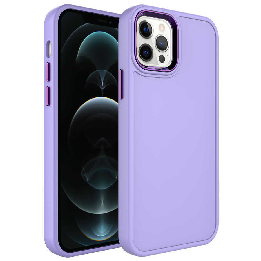 iPhone Uyumlu 12 Pro Max Kılıf Metal Çerçeve ve Buton Tasarımlı Sert Zore Botox Kapak-Lila