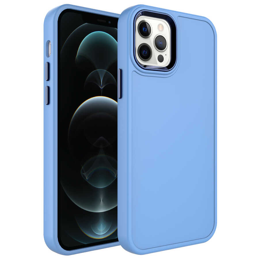 iPhone Uyumlu 12 Pro Max Kılıf Metal Çerçeve ve Buton Tasarımlı Sert Zore Botox Kapak-Mavi