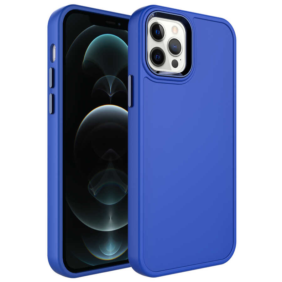 iPhone Uyumlu 12 Pro Max Kılıf Metal Çerçeve ve Buton Tasarımlı Sert Zore Botox Kapak-Saks mavi
