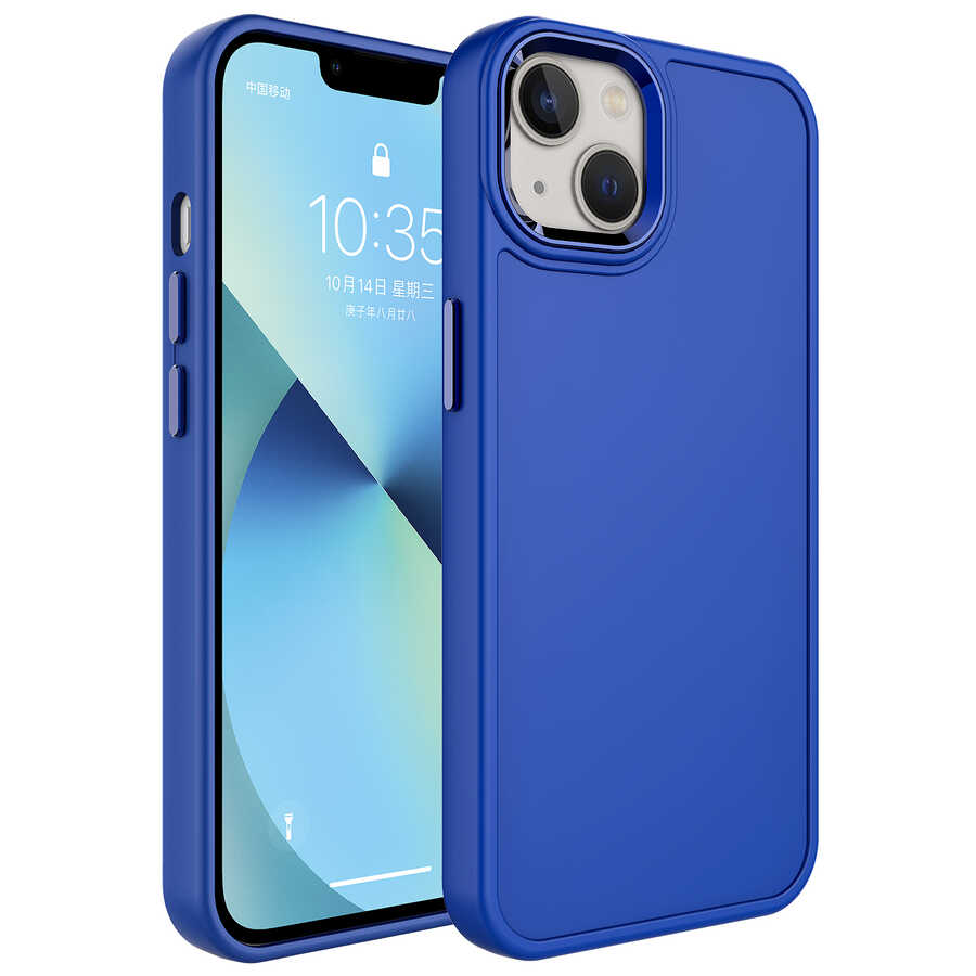 iPhone Uyumlu 13 Kılıf Metal Çerçeve ve Buton Tasarımlı Sert Zore Botox Kapak-Lacivert