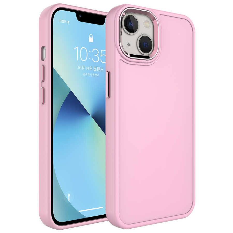 iPhone Uyumlu 13 Kılıf Metal Çerçeve ve Buton Tasarımlı Sert Zore Botox Kapak-Pembe açık