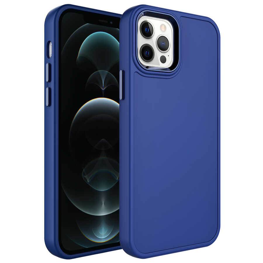 iPhone Uyumlu 13 Pro Kılıf Metal Çerçeve ve Buton Tasarımlı Sert Zore Botox Kapak-Lacivert