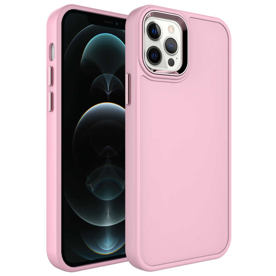 iPhone Uyumlu 14 Pro Kılıf Metal Çerçeve ve Buton Tasarımlı Sert Zore Botox Kapak-Pembe açık