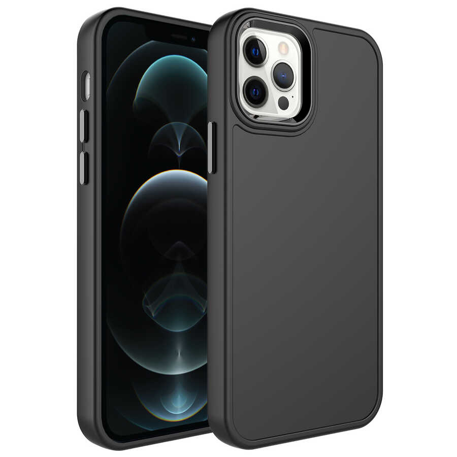 iPhone Uyumlu 14 Pro Kılıf Metal Çerçeve ve Buton Tasarımlı Sert Zore Botox Kapak-Siyah
