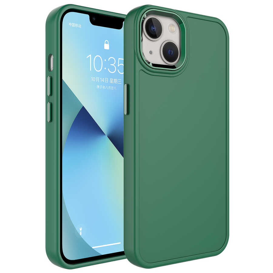 iPhone Uyumlu 14 Plus Kılıf Metal Çerçeve ve Buton Tasarımlı Sert Zore Botox Kapak-Koyu yeşil