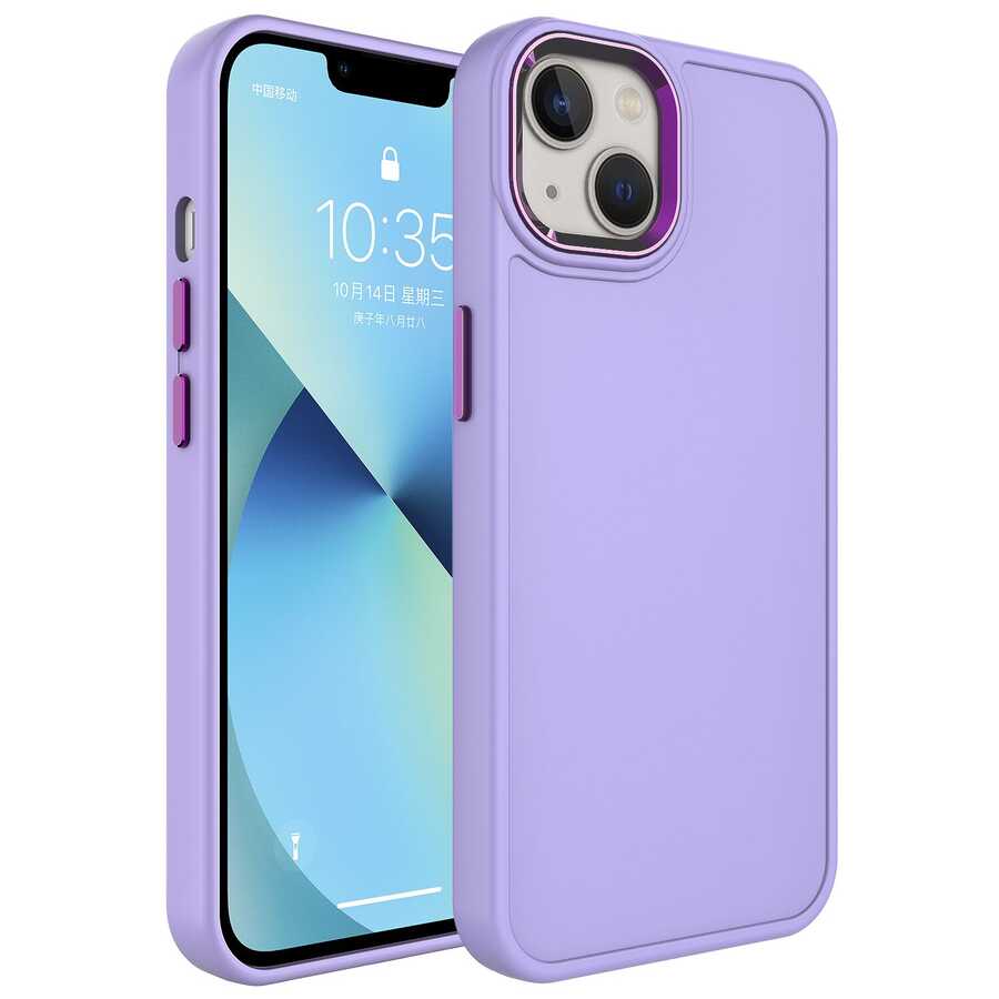 iPhone Uyumlu 14 Plus Kılıf Metal Çerçeve ve Buton Tasarımlı Sert Zore Botox Kapak-Lila