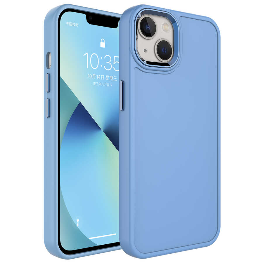 iPhone Uyumlu 14 Plus Kılıf Metal Çerçeve ve Buton Tasarımlı Sert Zore Botox Kapak-Mavi