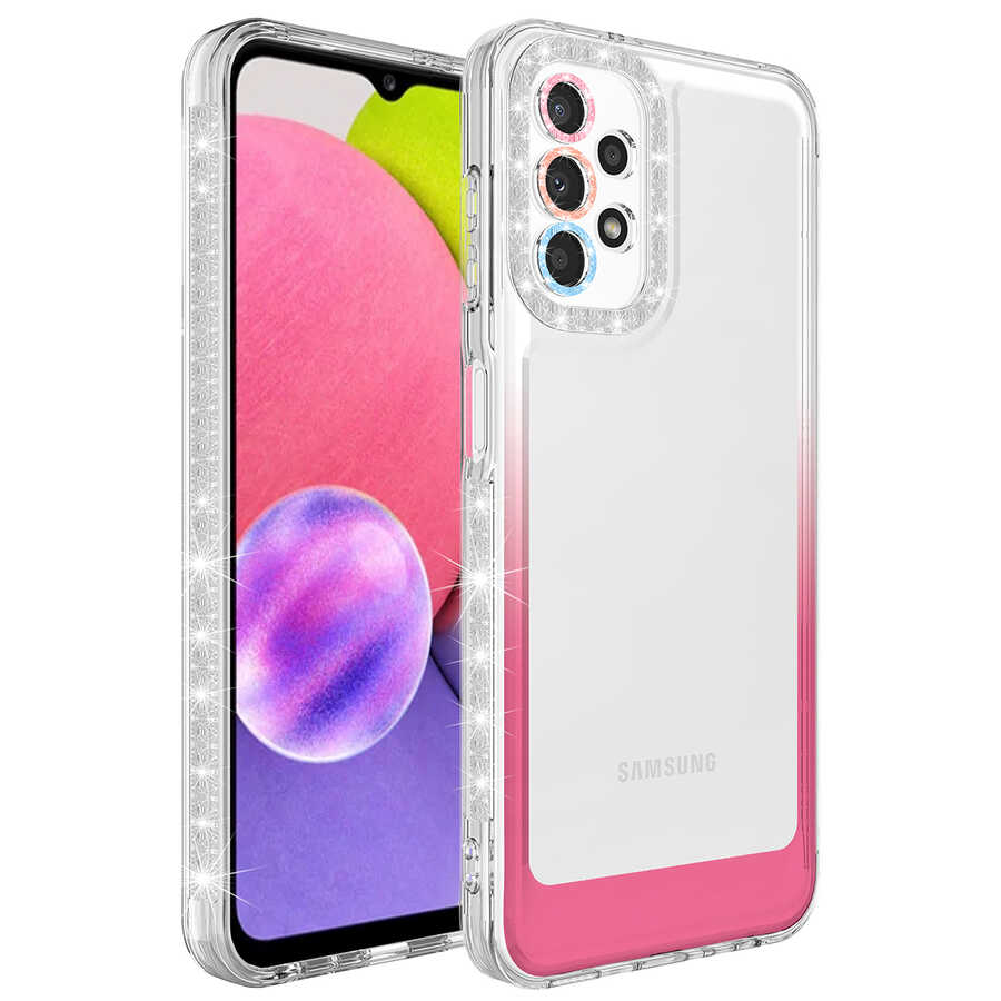 Galaxy Uyumlu A23 Kılıf Simli ve Renk Geçiş Tasarımlı Lens Korumalı Zore Park Kapak-Beyaz-pembe