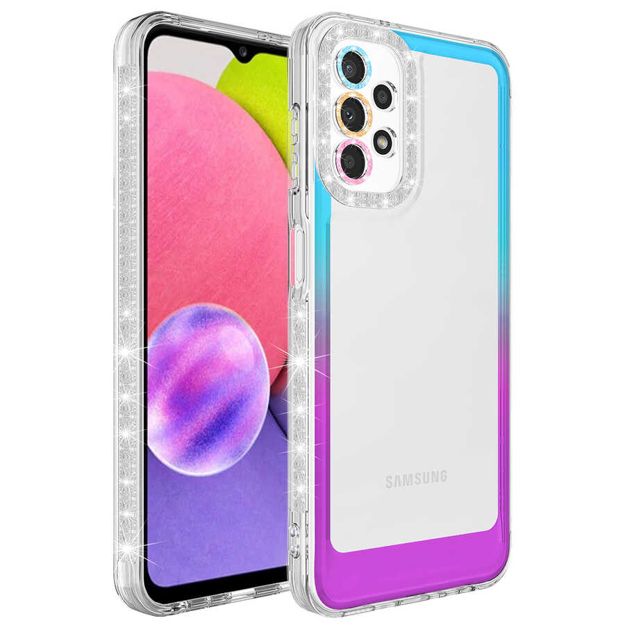 Galaxy Uyumlu A23 Kılıf Simli ve Renk Geçiş Tasarımlı Lens Korumalı Zore Park Kapak-Mavi-mor