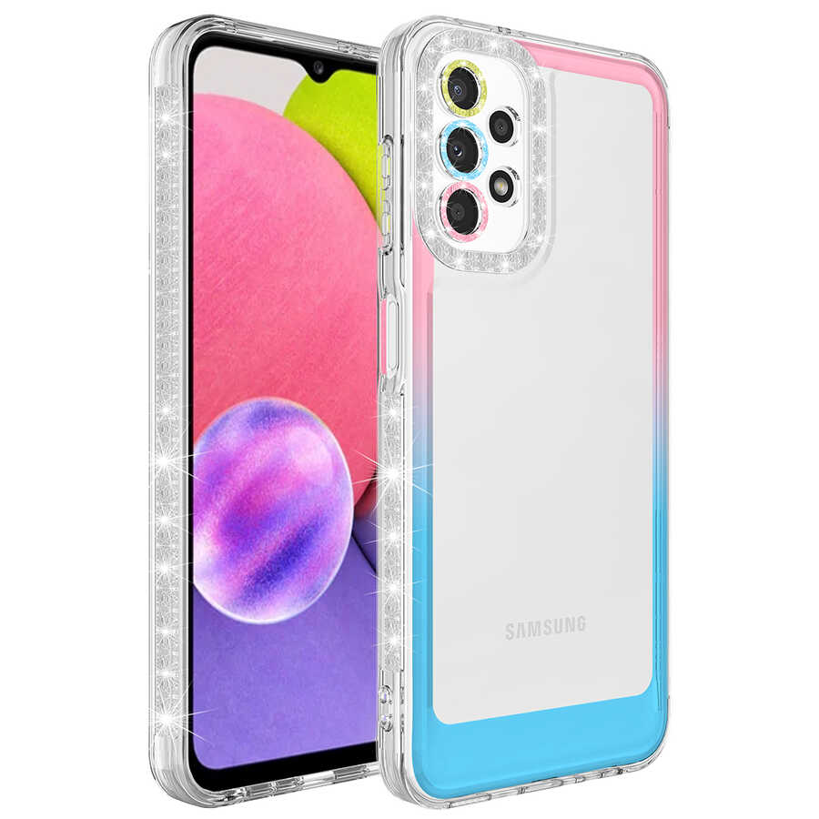 Galaxy Uyumlu A23 Kılıf Simli ve Renk Geçiş Tasarımlı Lens Korumalı Zore Park Kapak-Pembe-mavi