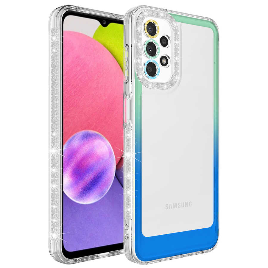 Galaxy Uyumlu A23 Kılıf Simli ve Renk Geçiş Tasarımlı Lens Korumalı Zore Park Kapak-Yeşil-mavi