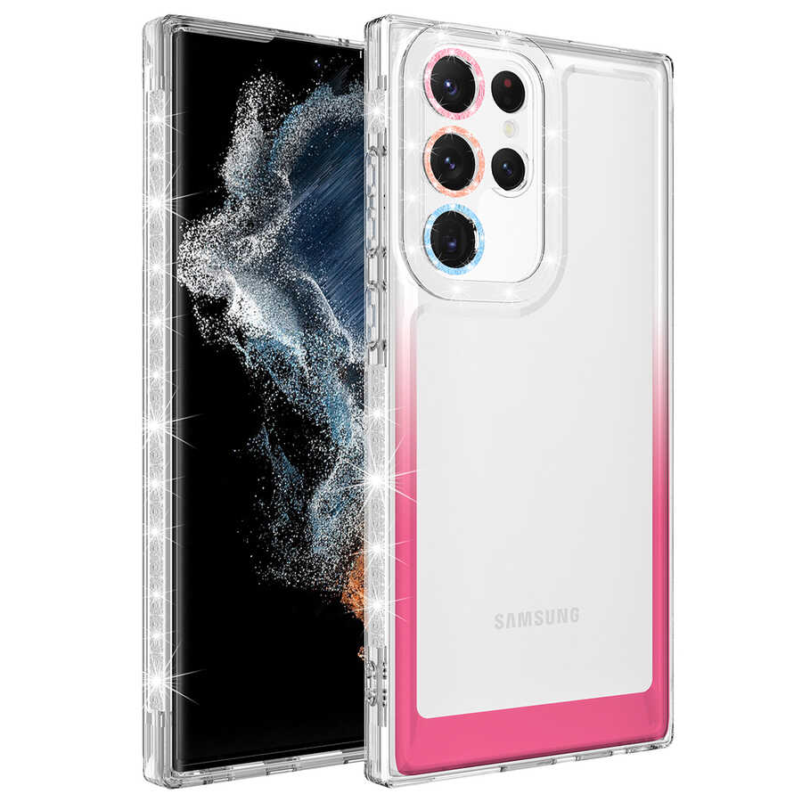 Galaxy Uyumlu S22 Ultra Kılıf Simli ve Renk Geçiş Tasarımlı Lens Korumalı Zore Park Kapak-Beyaz-pembe