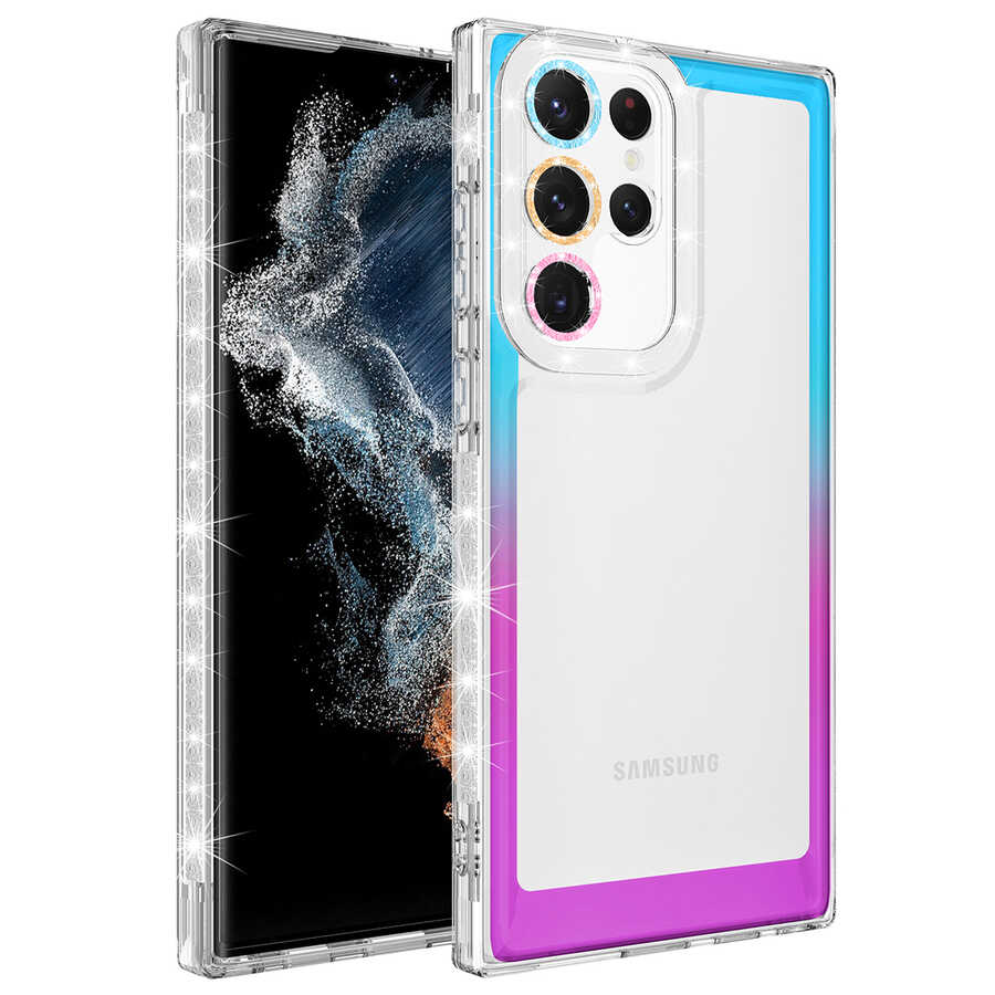 Galaxy Uyumlu S22 Ultra Kılıf Simli ve Renk Geçiş Tasarımlı Lens Korumalı Zore Park Kapak-Mavi-mor
