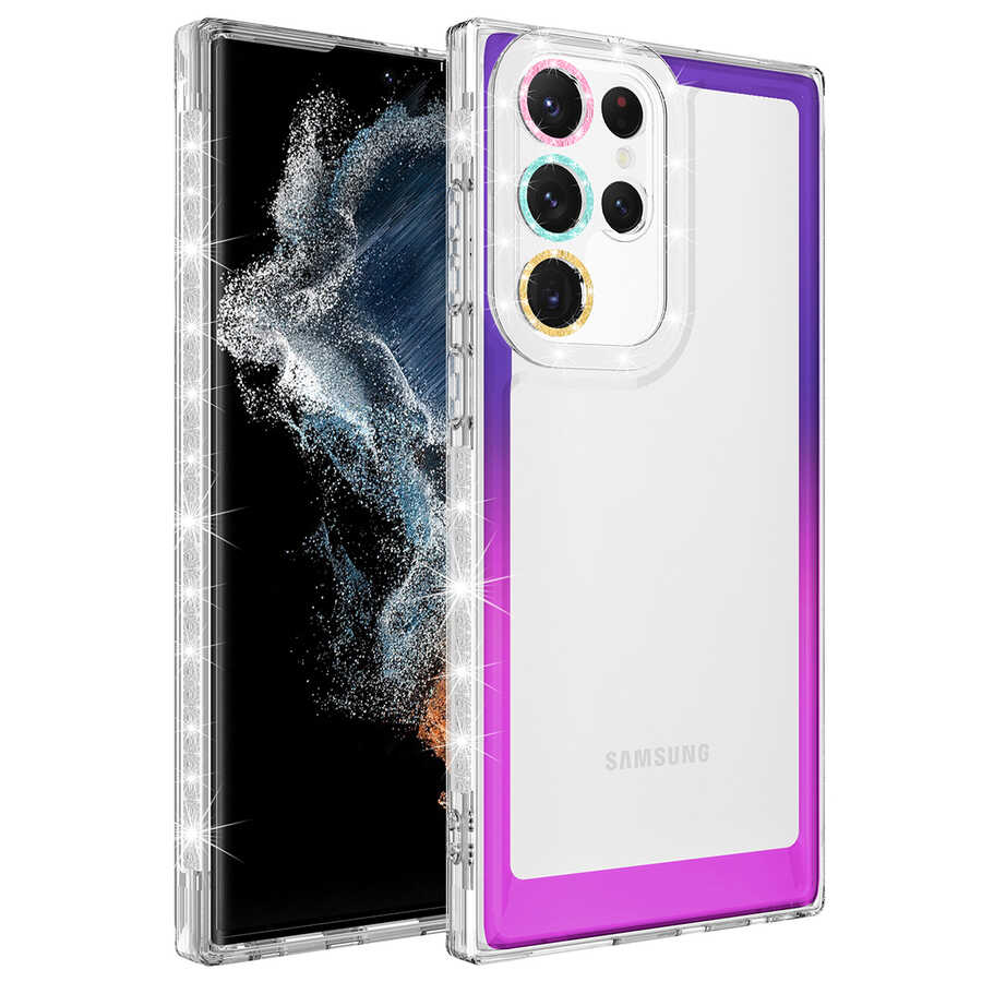 Galaxy Uyumlu S22 Ultra Kılıf Simli ve Renk Geçiş Tasarımlı Lens Korumalı Zore Park Kapak-Mor-pembe