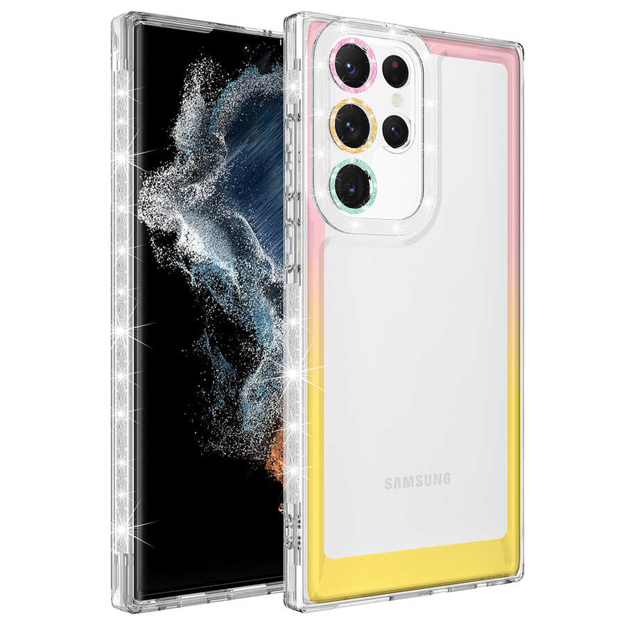 Galaxy Uyumlu S22 Ultra Kılıf Simli ve Renk Geçiş Tasarımlı Lens Korumalı Zore Park Kapak-Pembe-sarı