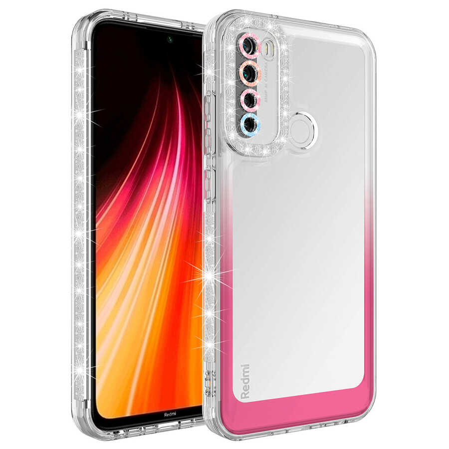 Xiaomi Uyumlu  Redmi Note 8 Kılıf Simli ve Renk Geçiş Tasarımlı Lens Korumalı Zore Park Kapak-Beyaz-pembe