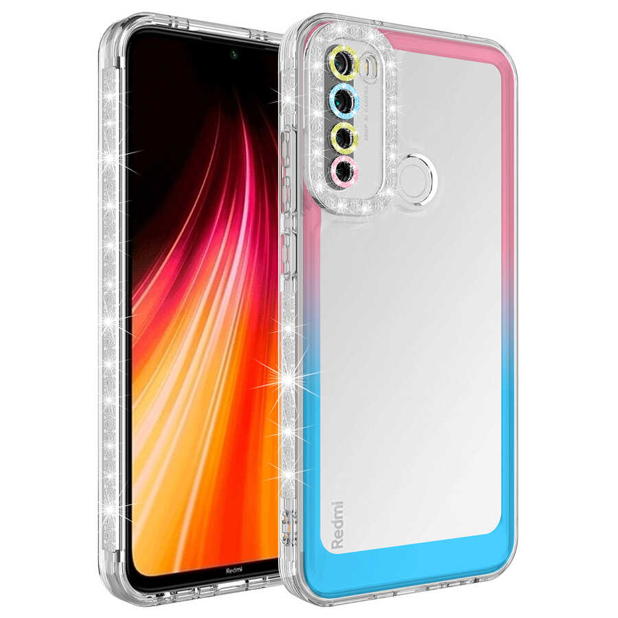Xiaomi Uyumlu  Redmi Note 8 Kılıf Simli ve Renk Geçiş Tasarımlı Lens Korumalı Zore Park Kapak-Pembe-mavi
