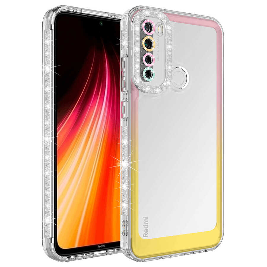 Xiaomi Uyumlu  Redmi Note 8 Kılıf Simli ve Renk Geçiş Tasarımlı Lens Korumalı Zore Park Kapak-Pembe-sarı