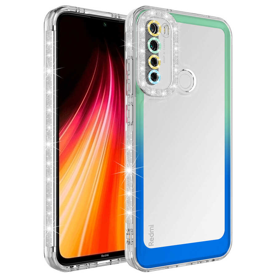 Xiaomi Uyumlu  Redmi Note 8 Kılıf Simli ve Renk Geçiş Tasarımlı Lens Korumalı Zore Park Kapak-Yeşil-mavi