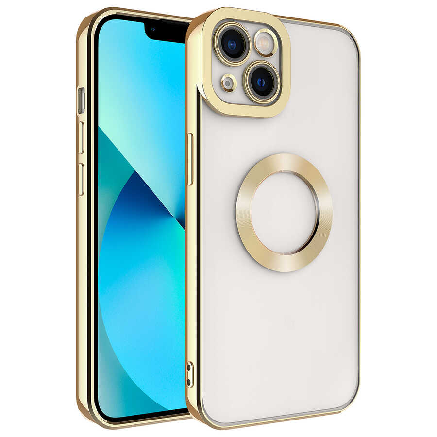 iPhone Uyumlu 14 Plus Kılıf Kamera Korumalı Logo Gösteren Zore Omega Kapak-Gold