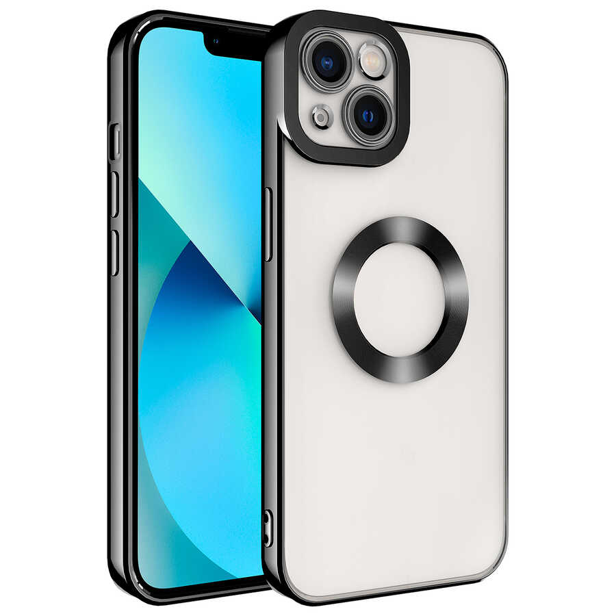 iPhone Uyumlu 14 Plus Kılıf Kamera Korumalı Logo Gösteren Zore Omega Kapak-Siyah