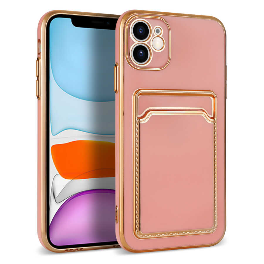 iPhone Uyumlu 12 Kılıf Zore Bark Kartlıklı Kapak-Rose gold
