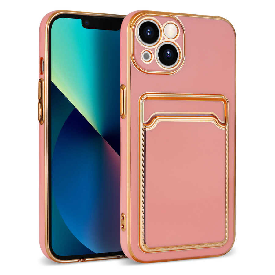 iPhone Uyumlu 13 Kılıf Zore Bark Kartlıklı Kapak-Rose gold