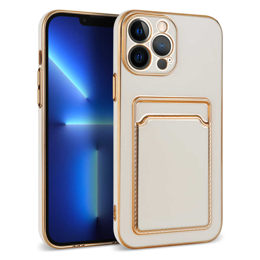 iPhone Uyumlu 13 Pro Max Kılıf Zore Bark Kartlıklı Kapak-Beyaz