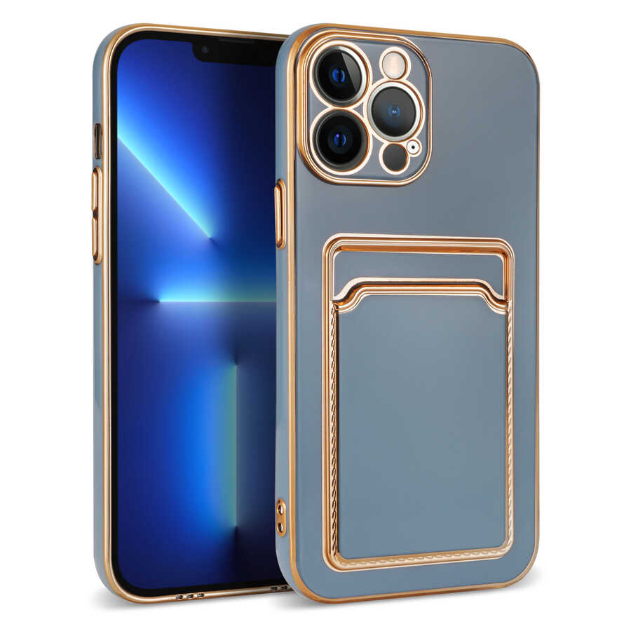 iPhone Uyumlu 13 Pro Max Kılıf Zore Bark Kartlıklı Kapak-Mavi
