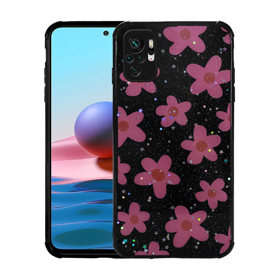 Xiaomi Uyumlu  Poco M5S Kılıf Simli Desenli Kamera Korumalı Parlak Zore Popy Kapak-Çiçek