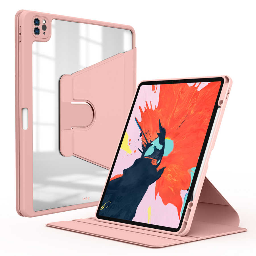 iPad Uyumlu Pro 12.9 2022 M2 Kılıf Zore Nayn Dönebilen Standlı Kılıf-Pembe
