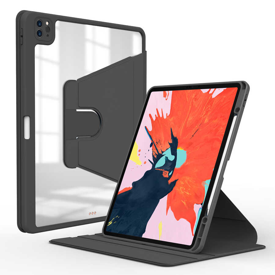iPad Uyumlu Pro 12.9 2022 M2 Kılıf Zore Nayn Dönebilen Standlı Kılıf-Siyah