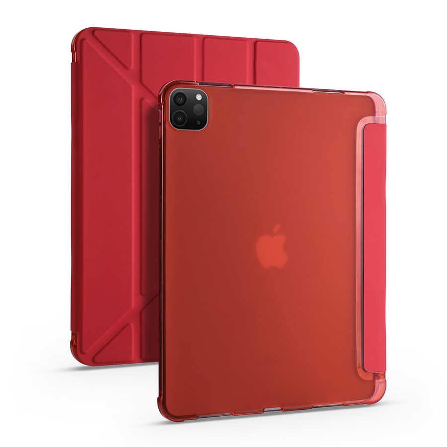 iPad Uyumlu Pro 12.9 2022 M2 Kılıf Zore Tri Folding Kalem Bölmeli Standlı Kılıf-Kırmızı