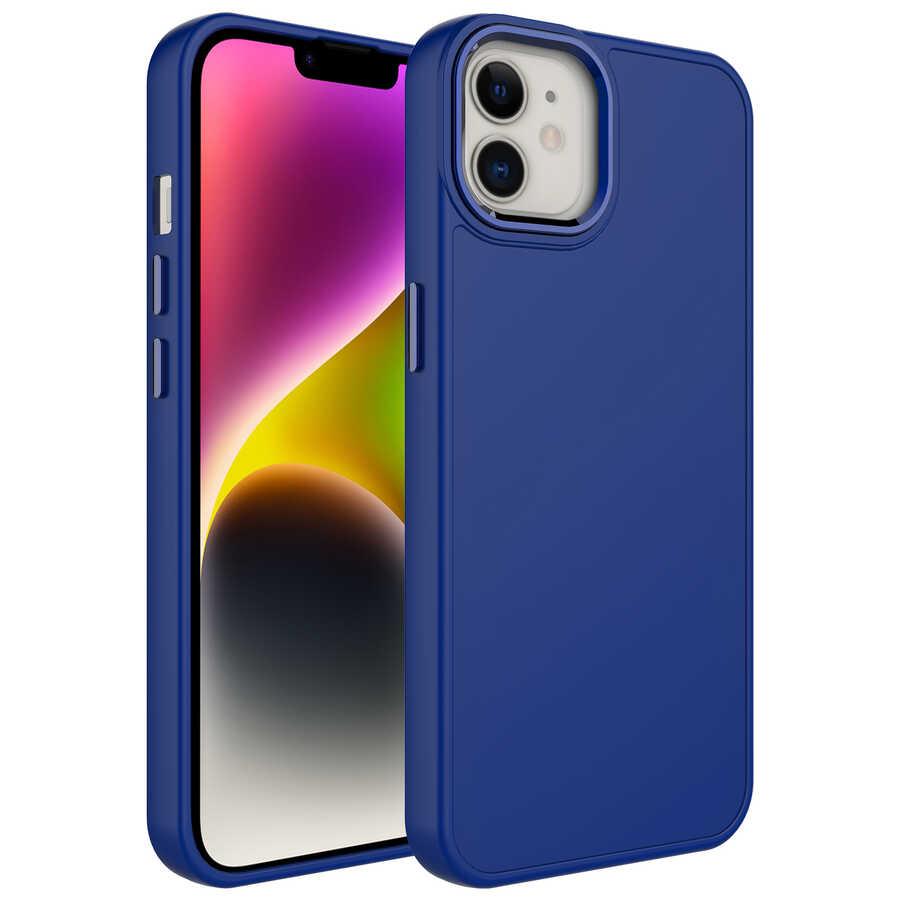 iPhone Uyumlu 12 Kılıf Metal Çerçeve ve Buton Tasarımlı Silikon Zore Luna Kapak-Lacivert
