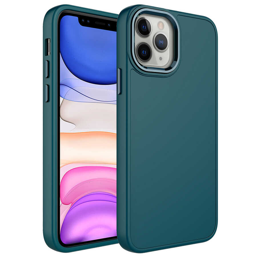 iPhone Uyumlu 12 Pro Kılıf Metal Çerçeve ve Buton Tasarımlı Silikon Zore Luna Kapak-Koyu yeşil