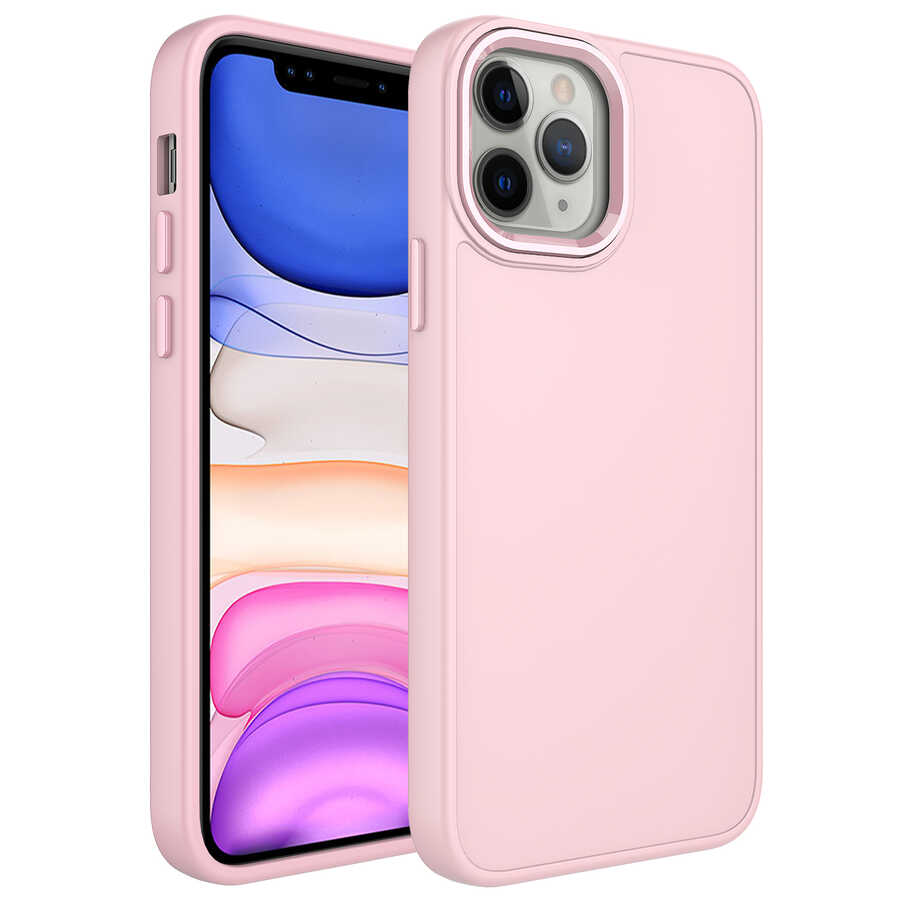 iPhone Uyumlu 12 Pro Kılıf Metal Çerçeve ve Buton Tasarımlı Silikon Zore Luna Kapak-Pembe